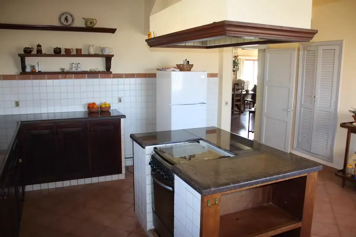 Cocina equipada con isla y mesada de madera